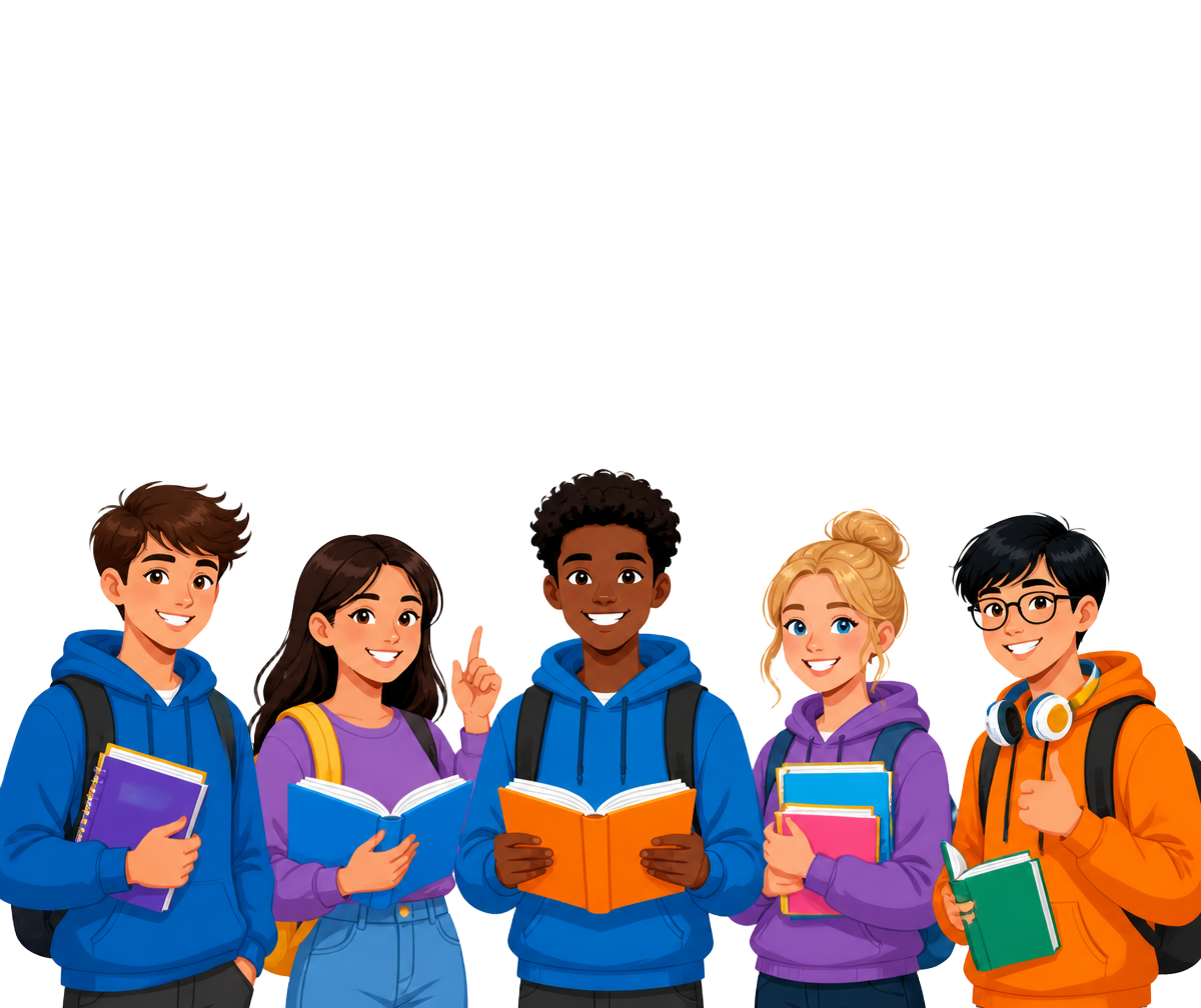 Illustration of happy students holding books
