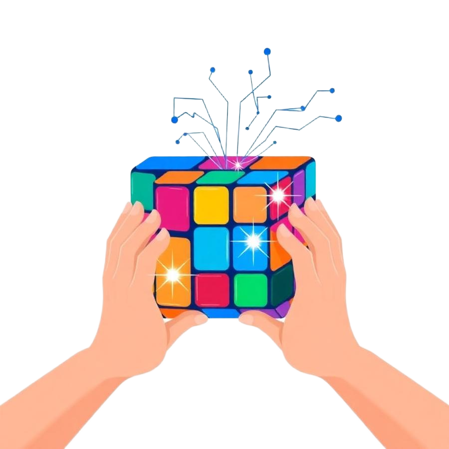 Illustration of hands solving a colourful Rubik's Cube with brain activity lines